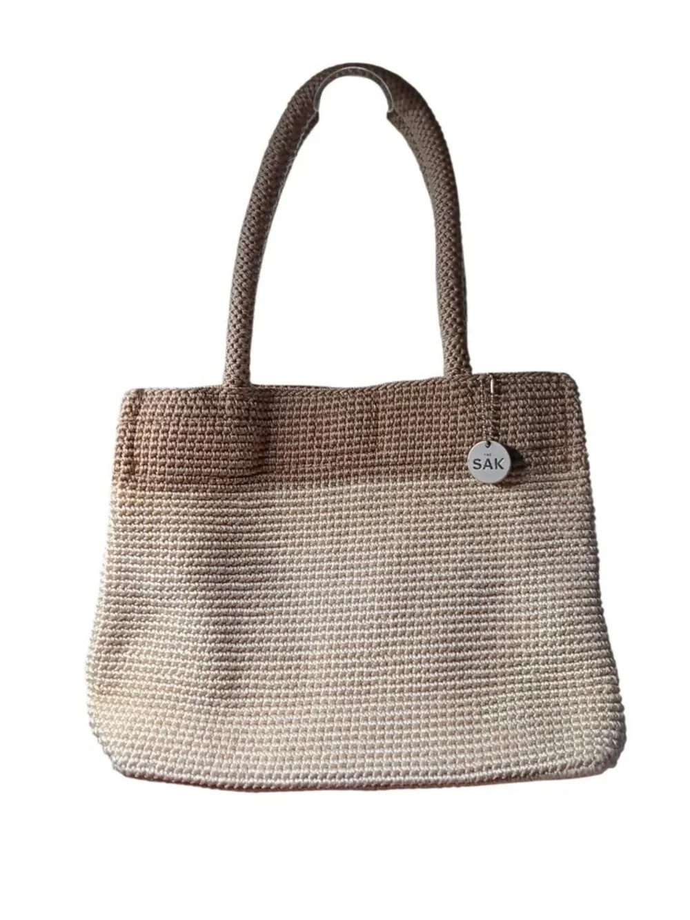 Classic The Sak Crochet Tote 2-Tone Neutral Tan Woven Purse Magnetic Snap w/ Fob